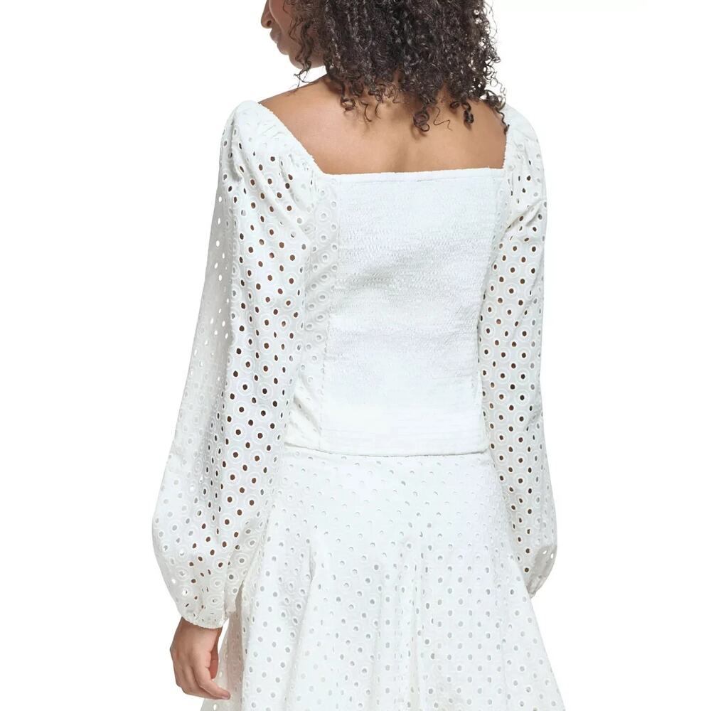 Karl Lagerfeld Paris Blouse Long sleeve Eyelet Smocked White Large - Picture 3 of 9